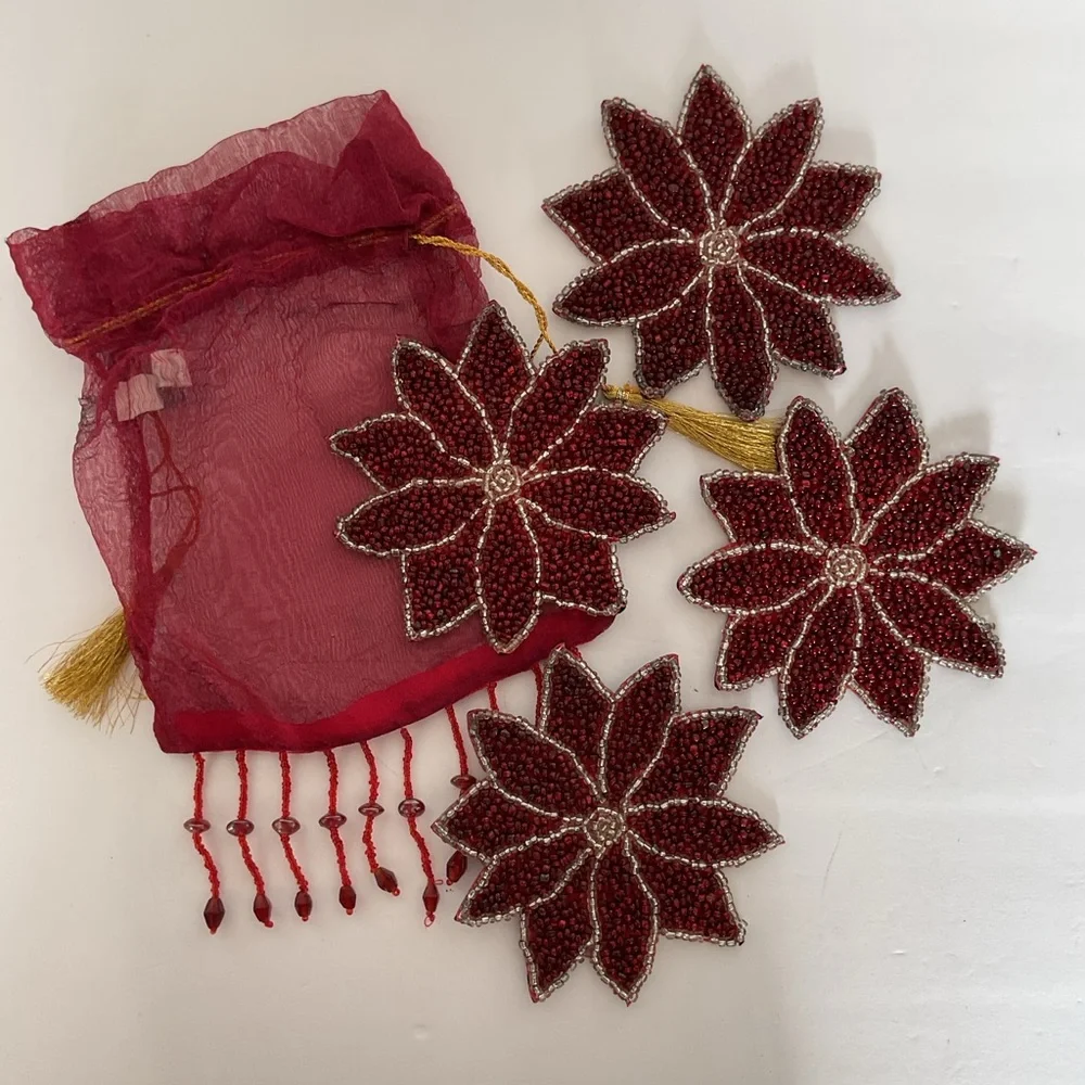 NWOT Red beaded poinsettia coasters